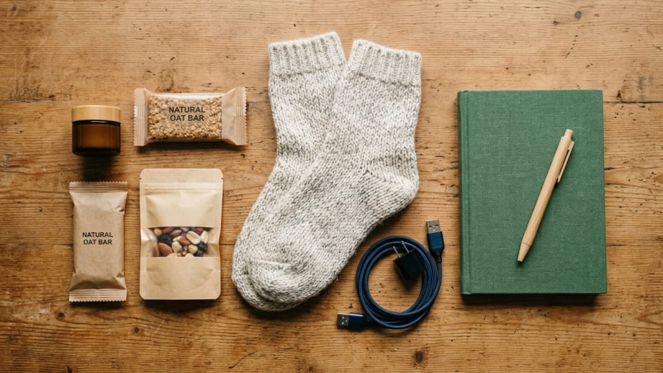 A warm flat lay of hospital bag essentials including cosy socks, a lip balm, snack in packaging, a phone charger, and notebook and pen on a wooden surface. no branded items or text in this image.