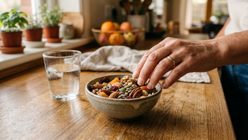 A close-up of a mum's hand reaching for a small bowl of mixed nuts, dried fruit, and seeds on a sunny kitchen counter, with a glass of water nearby, warm and relatable home setting