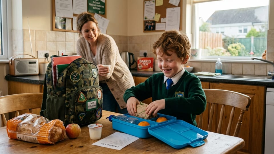 A young Irish child sitting at a kitchen table confidently packing their school lunchbox and school bag independently, with a parent watching supportively in the background