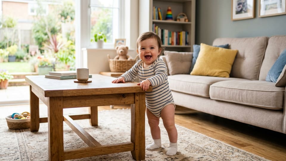 A baby of around nine months pulling themselves up to stand at a wooden coffee table in a bright, tidy living room, looking pleased with themselves