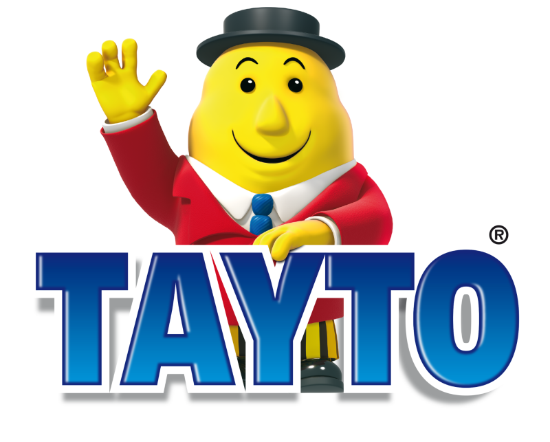 Tayto Mr. Tayto mascot waving, wearing a red jacket and black bowler hat, above bold blue TAYTO logo.