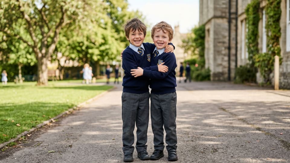 2 x 5 year olds in uniform. arms around each other and smiling at camera no text in image