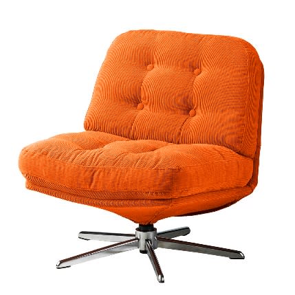 Orange corduroy tufted swivel lounge chair with chrome star base, retro 1970s style.