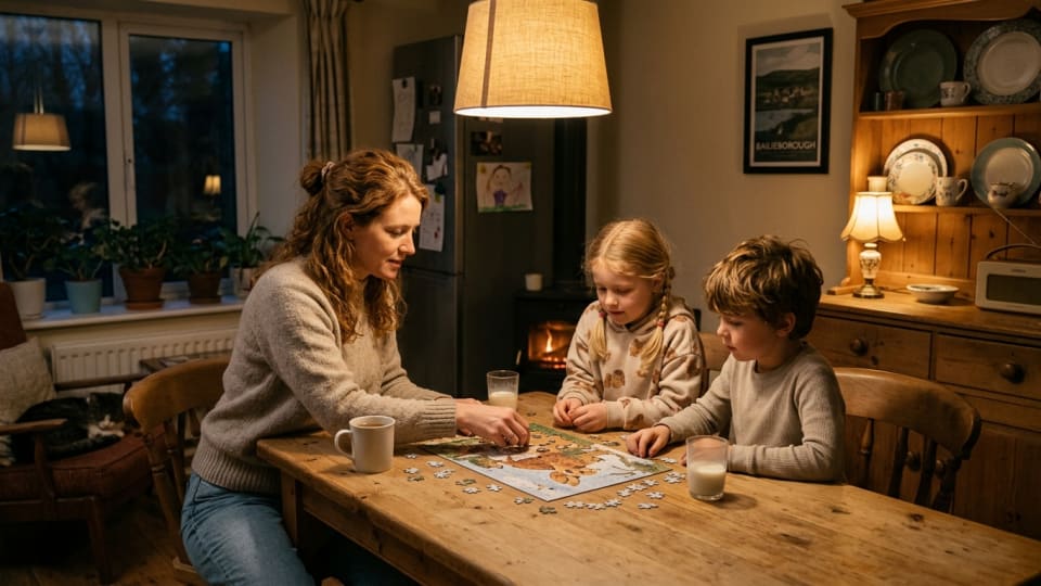 A relaxed family evening scene in an Irish home, a mum and two primary school-age children doing a calm wind-down routine together — perhaps reading or doing a puzzle at a kitchen table, warm lighting