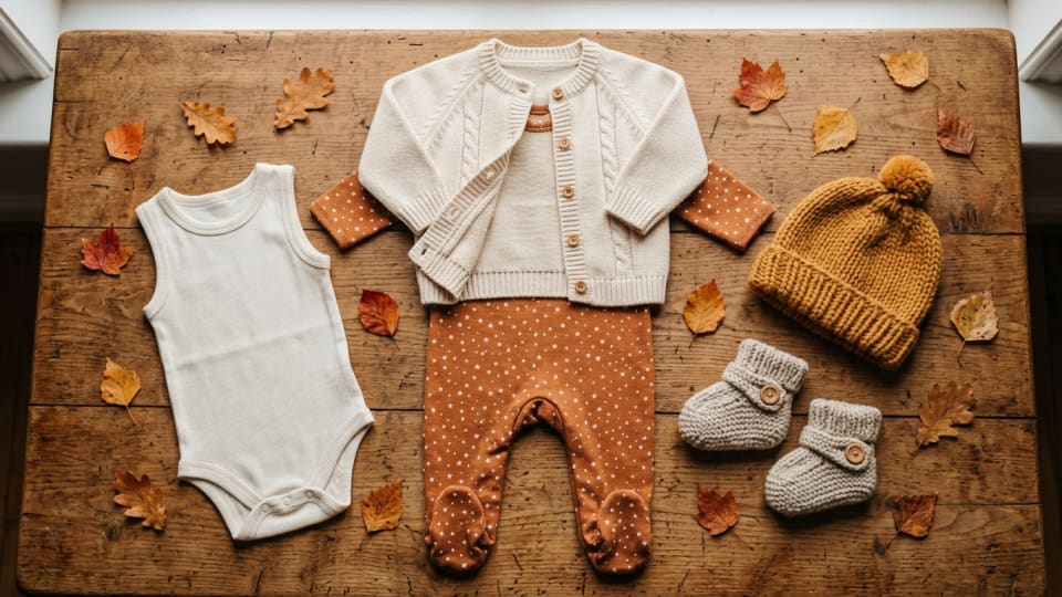 A flat lay of autumn baby clothing essentials including a soft cotton vest, a knit babygrow, a little cardigan, a woolly hat, and booties, arranged neatly on a warm-toned background with small autumn