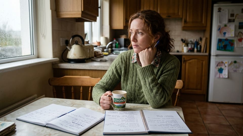 A thoughtful Irish mother sitting at a kitchen table with a cup of tea, looking reflective and slightly worried, perhaps with some handwritten notes in front of her, representing the experience of nav
