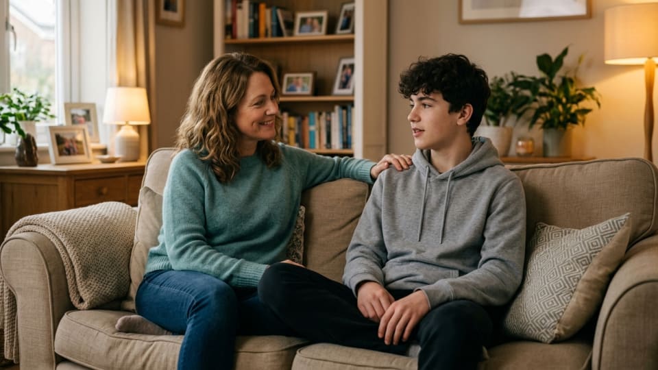 A parent sitting beside a teenage boy on a sofa, having a calm and gentle conversation, warm and supportive atmosphere, no branding/logos