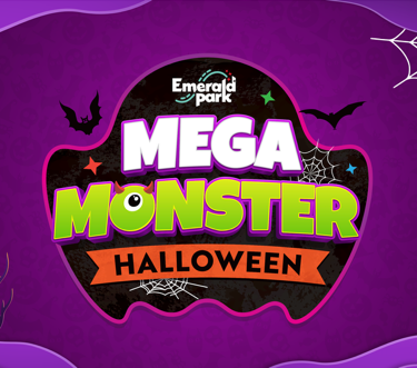 Emerald Park Mega Monster Halloween event promotional graphic with bats, spider webs on a purple background.