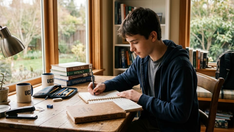 A teenage boy sitting at a desk writing in a school journal, focused and calm, books and stationery neatly arranged, soft natural light from a window beside him