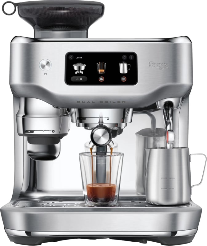 Sage Oracle Dual Boiler smart bean-to-cup espresso machine in stainless steel with touchscreen and auto steam wand.