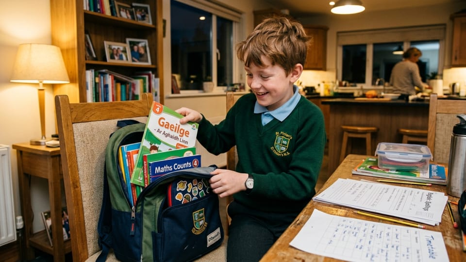 A cheerful Irish child around age 8–10 independently packing their school bag at home in the evening, looking focused and capable, backpack open on a chair, homework and books visible, warm household