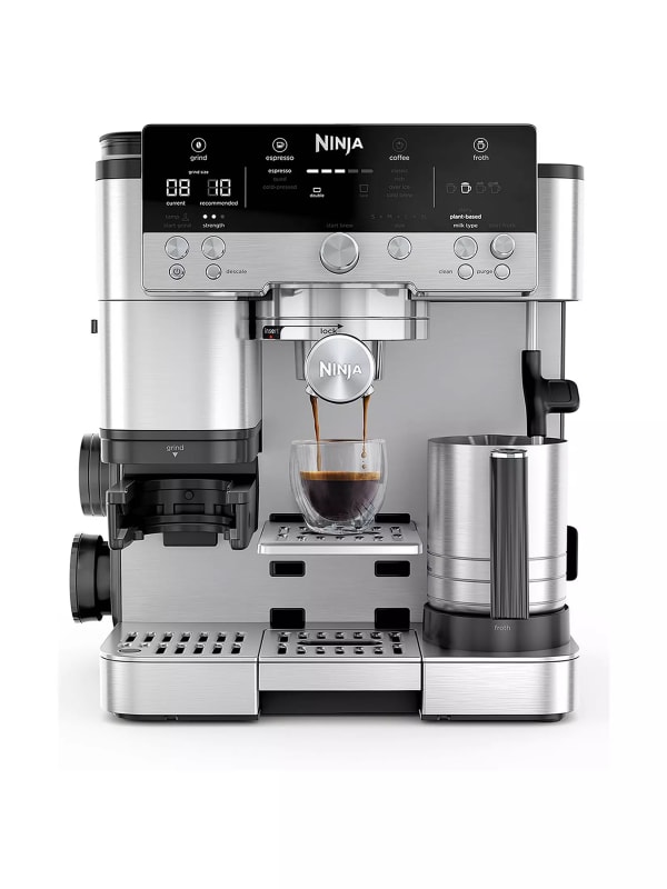 Ninja Luxe Cafe Premier Series Bean to Cup Coffee Machine in silver and black with built-in grinder and frother.
