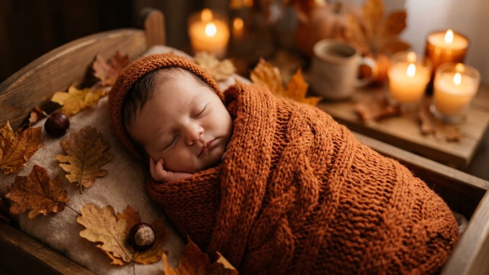 A cosy close-up of a newborn baby sleeping wrapped in a soft burnt-orange knitted blanket, surrounded by a few autumn leaves and warm candlelight in the background