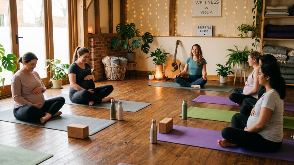 A cosy indoor pregnancy yoga class with a small group of pregnant women in comfortable workout clothes, gentle lighting, mats on a wooden floor, warm and welcoming studio atmosphere