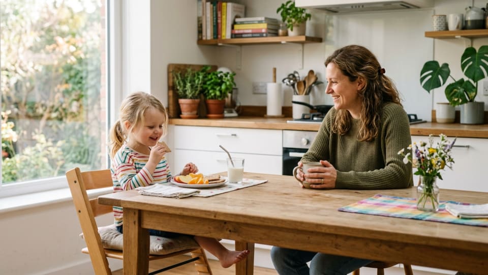 A modern kitchen scene with a preschool-aged child sitting at a table having a snack — fruit, crackers, a small glass of milk — while a relaxed mum sits nearby, soft afternoon light, warm and home