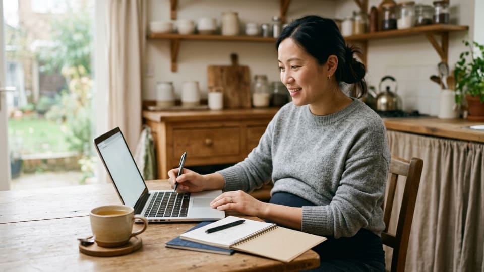 A pregnant asian woman sitting at a kitchen table with a cup of tea, browsing her laptop while making notes, looking calm. no logos or writing in image.