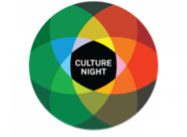 Culture Night logo: circular overlapping colour segments surrounding a central black hexagon with white text.