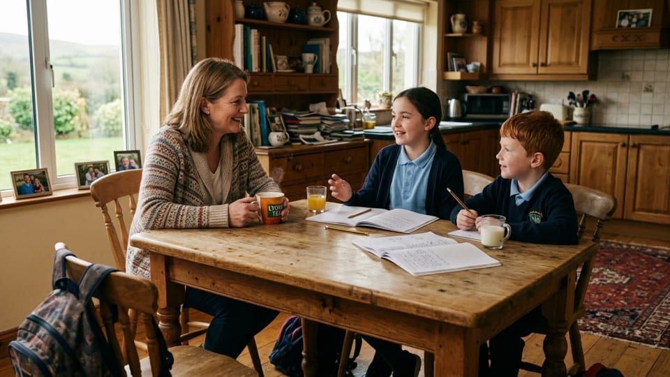 A parent and two school-age children sitting around a kitchen table together, having a calm and friendly conversation, notebooks and a cup of tea on the table, warm Irish home setting