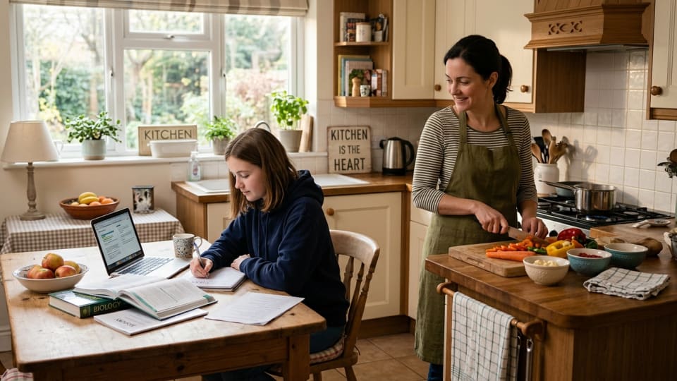 A family kitchen scene with a teenager studying independently at the table, a parent nearby preparing food creating a calm and supportive home atmosphere