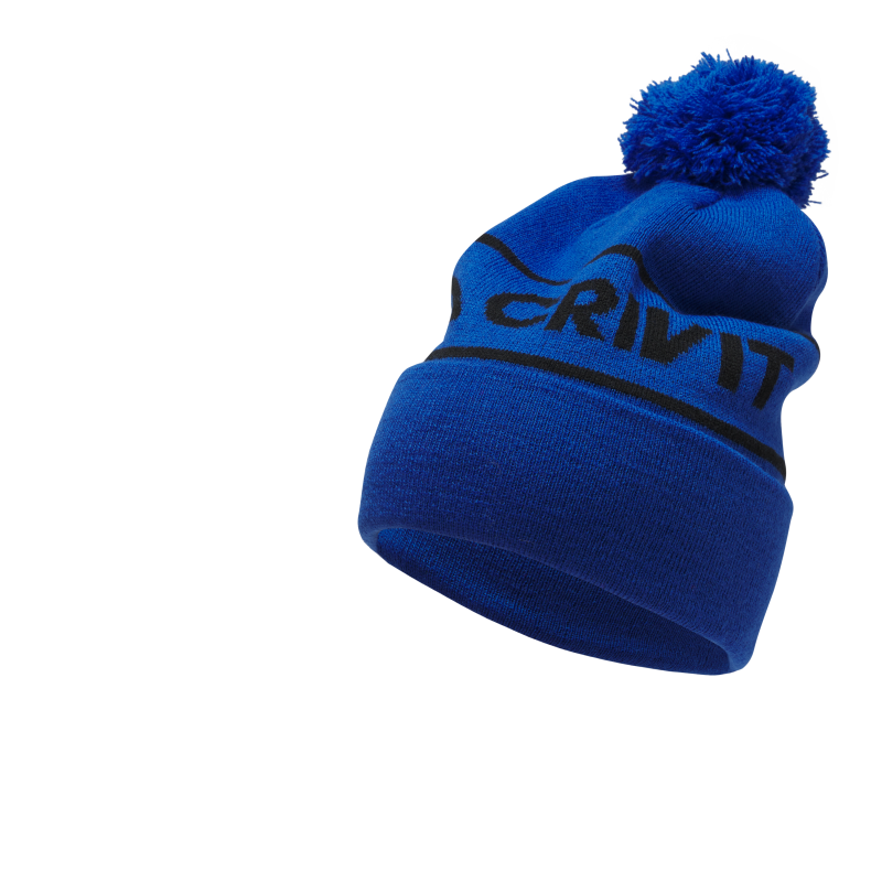 Royal blue Crivit knitted bobble hat with pom-pom and black logo stripe, shown on white background.