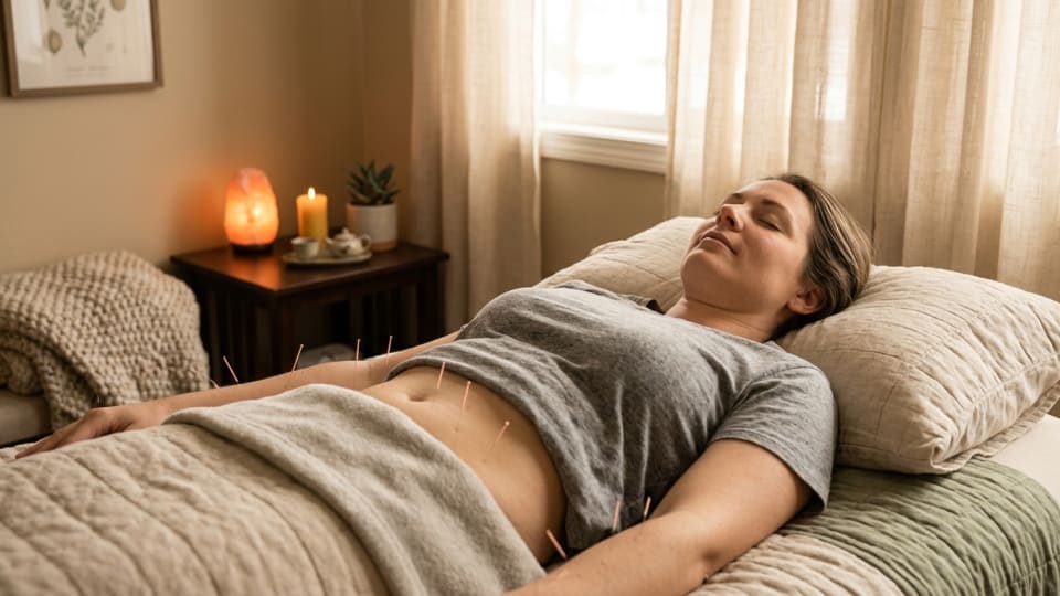 woman on treatment bed in cosy room with natural warm light getting acupuncture for fertility. no therapist present. close up on body, legs not showing