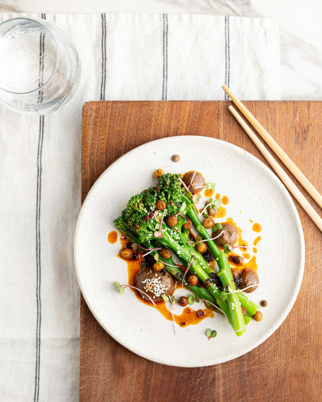 Daniel Lambert's Tenderstem broccoli with black garlic tahini sauce, crispy chickpeas, mushrooms and sesame seeds.