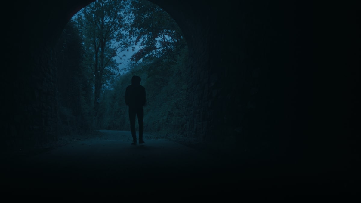 Silhouetted person standing at the arched exit of a dark tunnel on the Waterford Greenway at dusk.