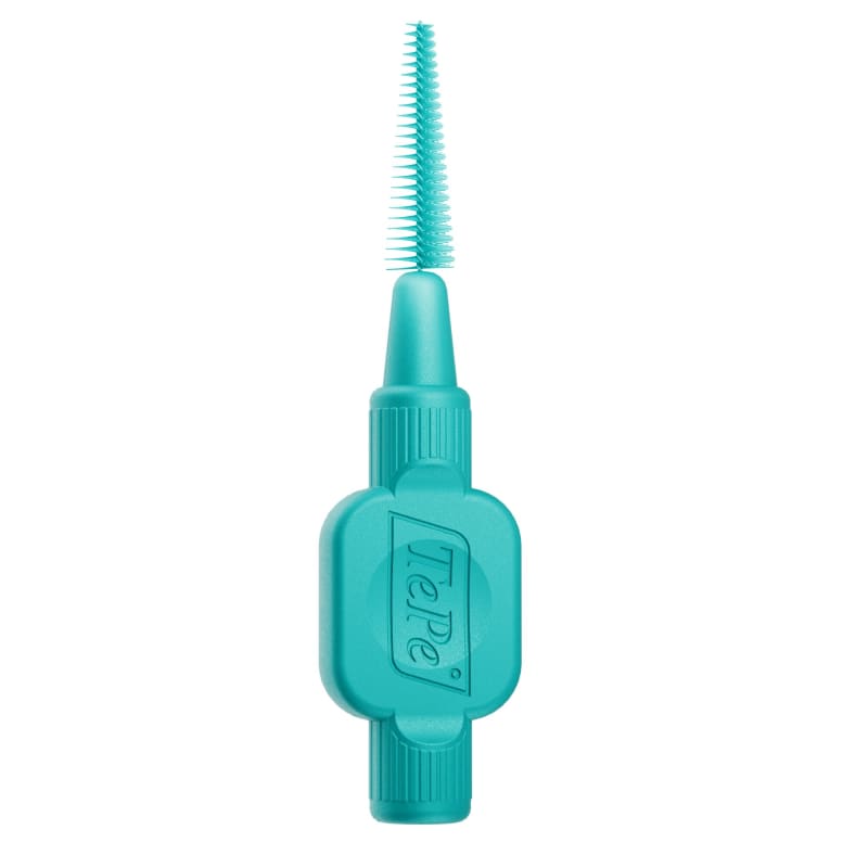 TePe Easy Fit interdental brush in teal with fine bristle head and ergonomic handle.