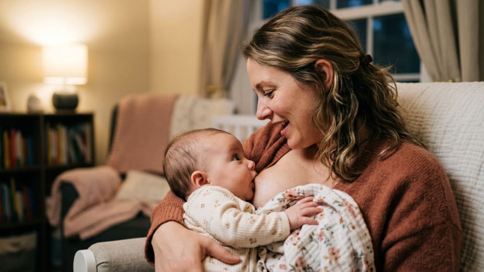 A close-up of a mum and baby face-to-face, the mum smiling and gently talking to her wide-eyed baby during a feed, soft and warm indoor lighting