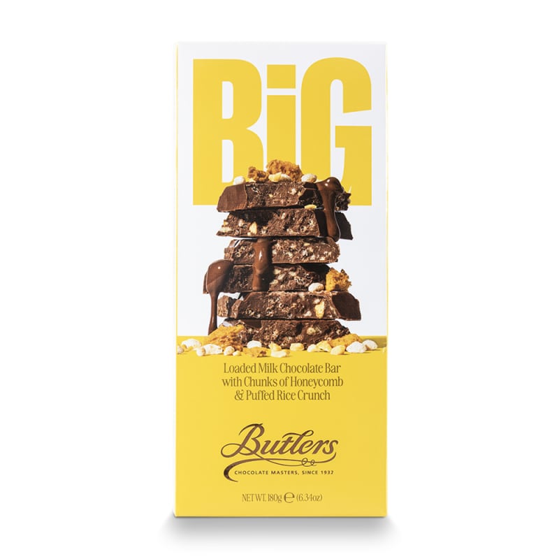 Butlers BiG Loaded Milk Chocolate Bar with Honeycomb and Puffed Rice Crunch, 180g, yellow packaging.