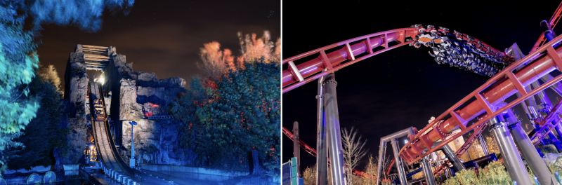 Nighttime theme park rides: a log flume drop and a red roller coaster with riders on a loop.