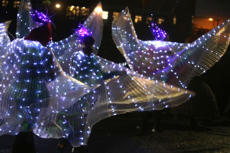 Performers in glowing LED wing costumes and purple light-up headdresses at the Samhain Parade in Leitrim.
